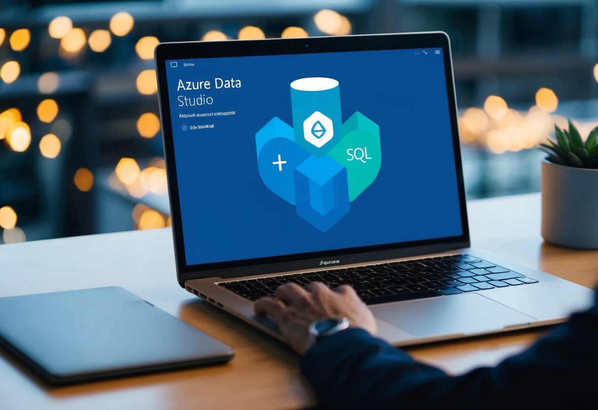 A laptop screen displaying Azure Data Studio with the export as SQL feature highlighted