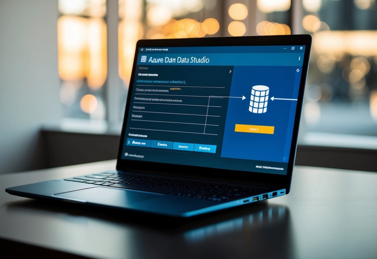 An open laptop displaying the Azure Data Studio interface with export options highlighted