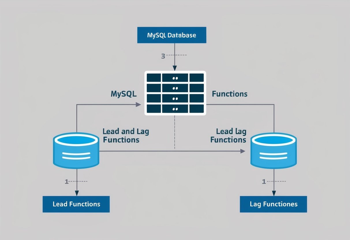 A MySQL database diagram with lead and lag functions being used in SQL queries