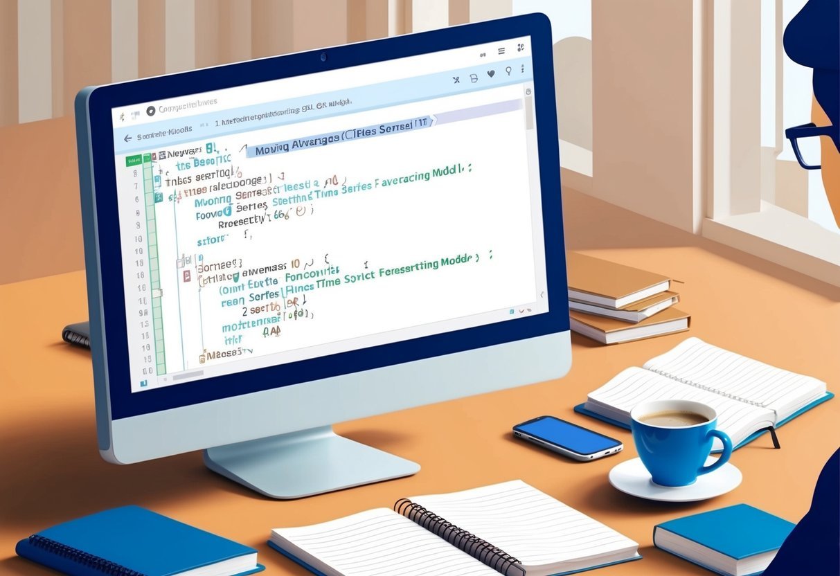 A computer screen with SQL code for moving averages and time series forecasting models displayed, surrounded by notebooks and a cup of coffee