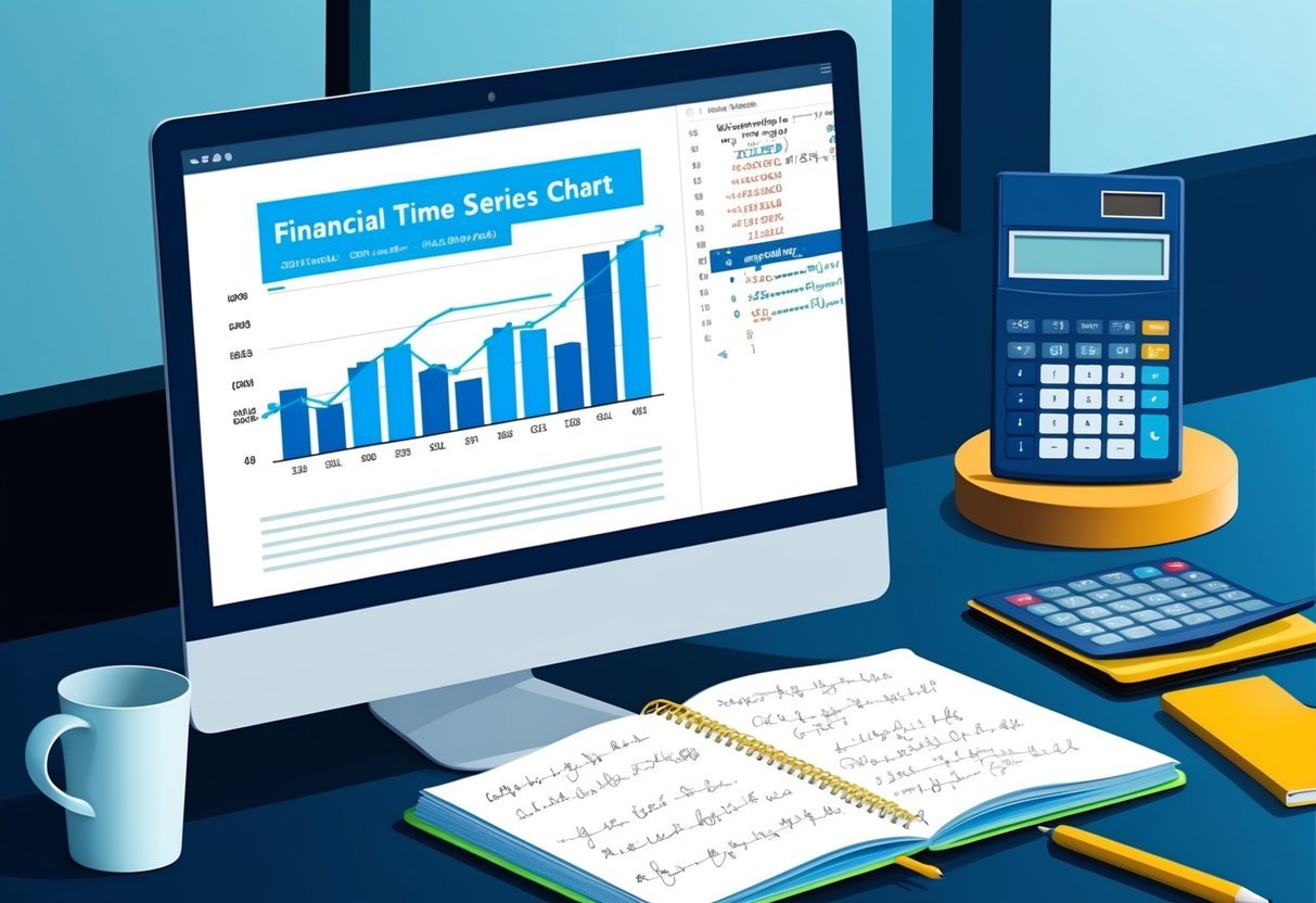 A computer screen displaying a financial time series chart with SQL code on the side, a calculator, and a notebook with handwritten formulas