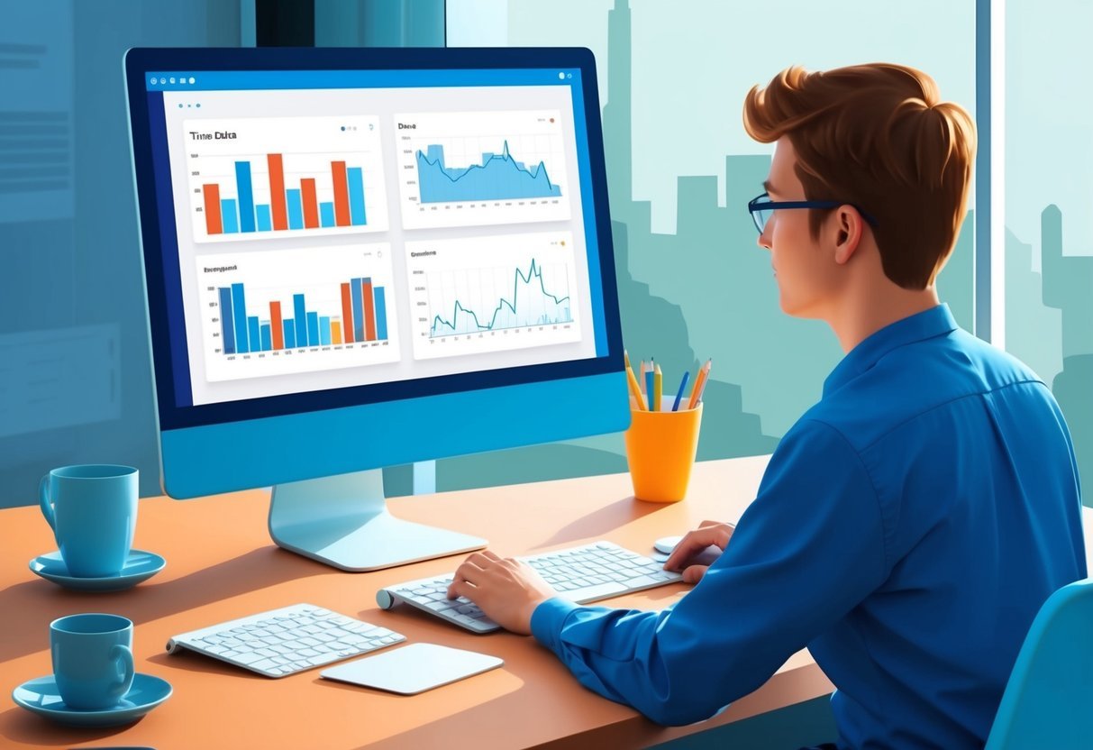A person working at a computer, analyzing time series data in SQL, with charts and graphs displayed on the screen
