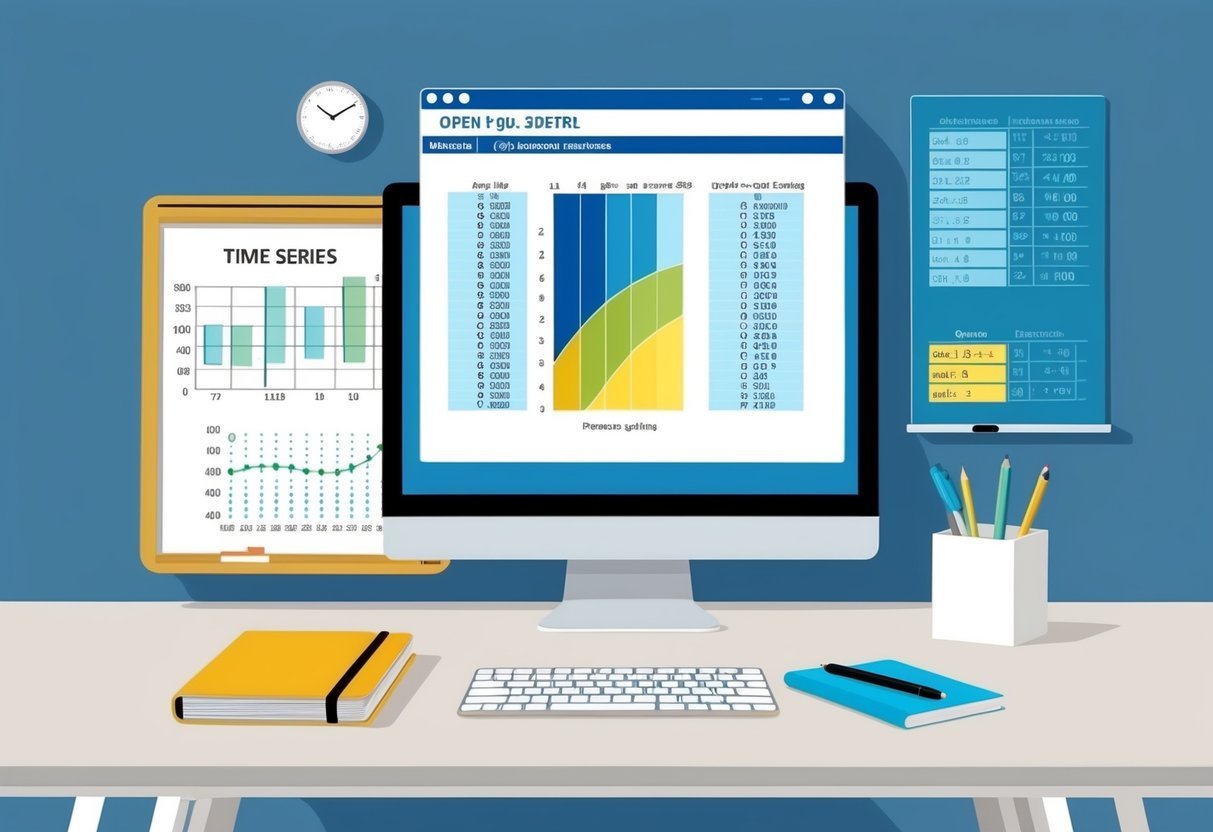 A desk with a computer, notebook, and pen. A whiteboard with time series data and equations. An open SQL software on the computer screen