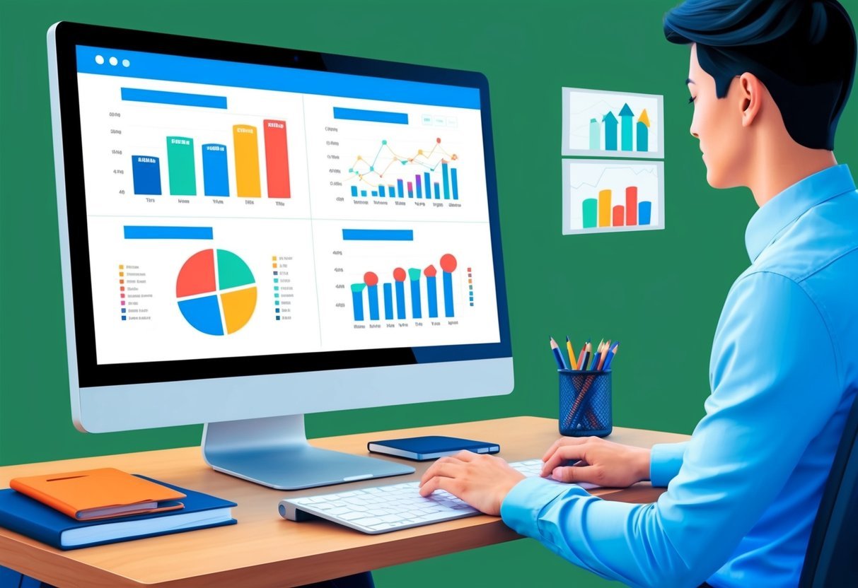 A person at a desk, typing on a computer, with data visualization charts and graphs on the screen