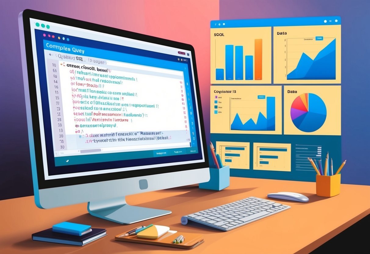 A computer screen displaying a complex SQL query with data visualization charts in the background