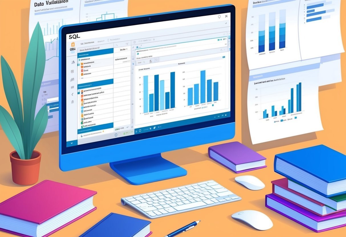 A computer screen displaying a SQL environment with data tables and charts, surrounded by books and notes on data visualization techniques