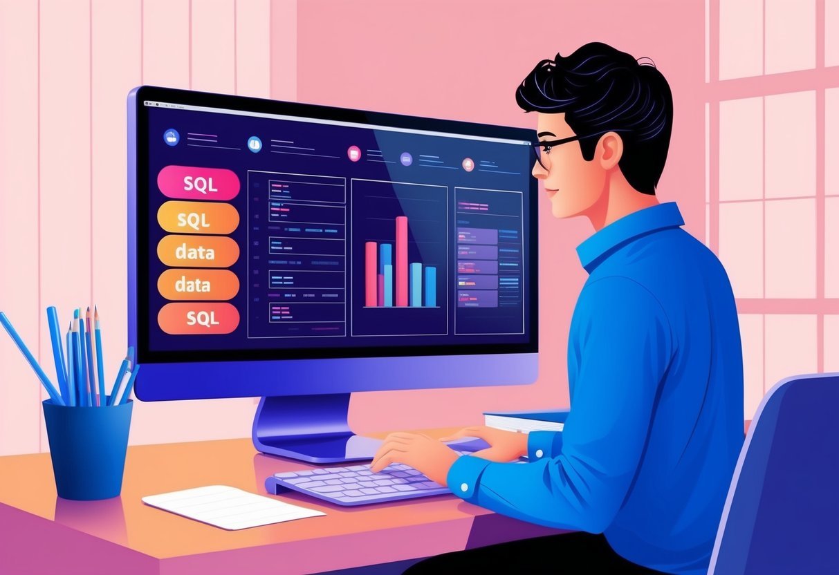 A person working on a computer, organizing and visualizing data using SQL