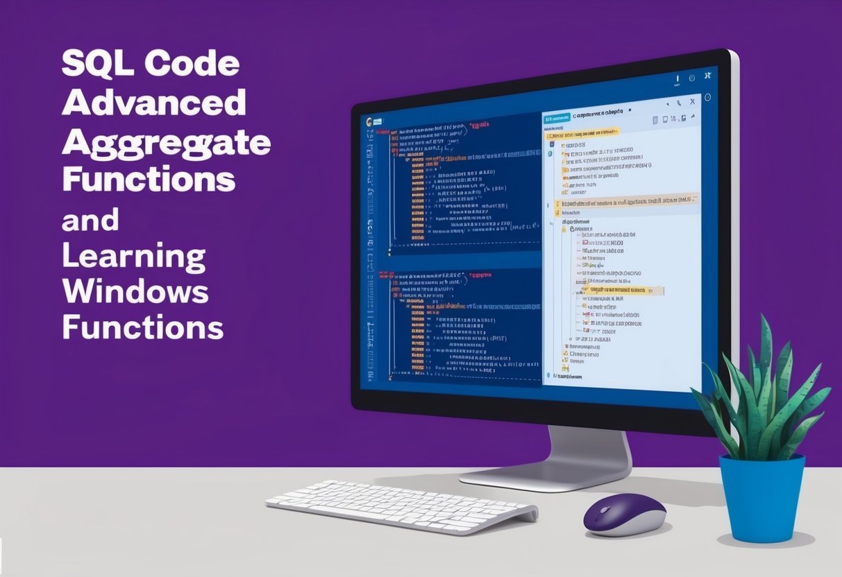A computer screen displaying SQL code with advanced aggregate functions and learning windows functions