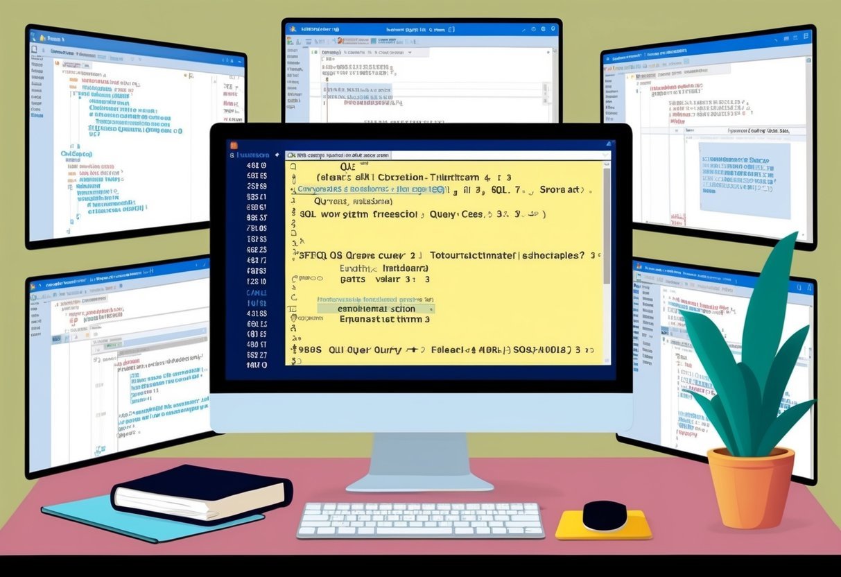 A computer screen displays a SQL query with ordered and sorted data, surrounded by open windows showing tutorials on SQL functions
