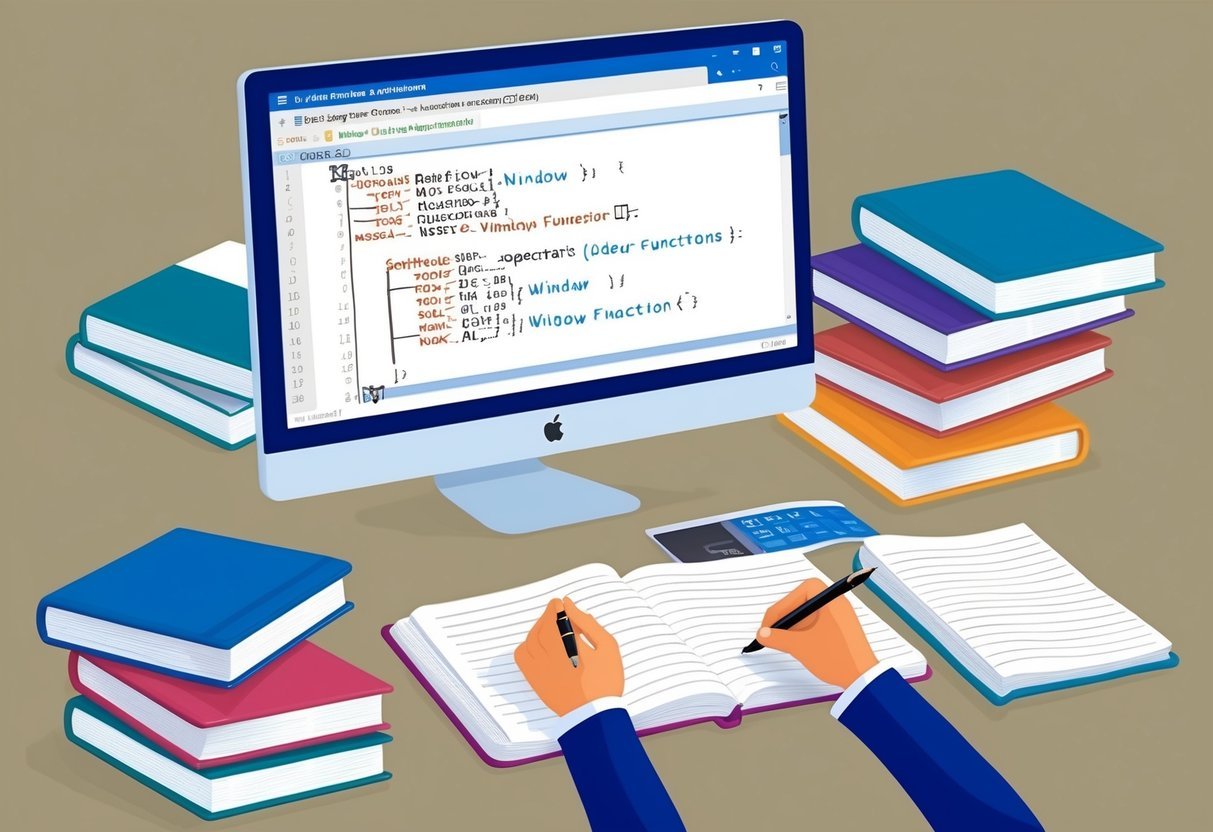 A computer screen displaying SQL code with window functions, surrounded by open textbooks and a notebook with handwritten notes