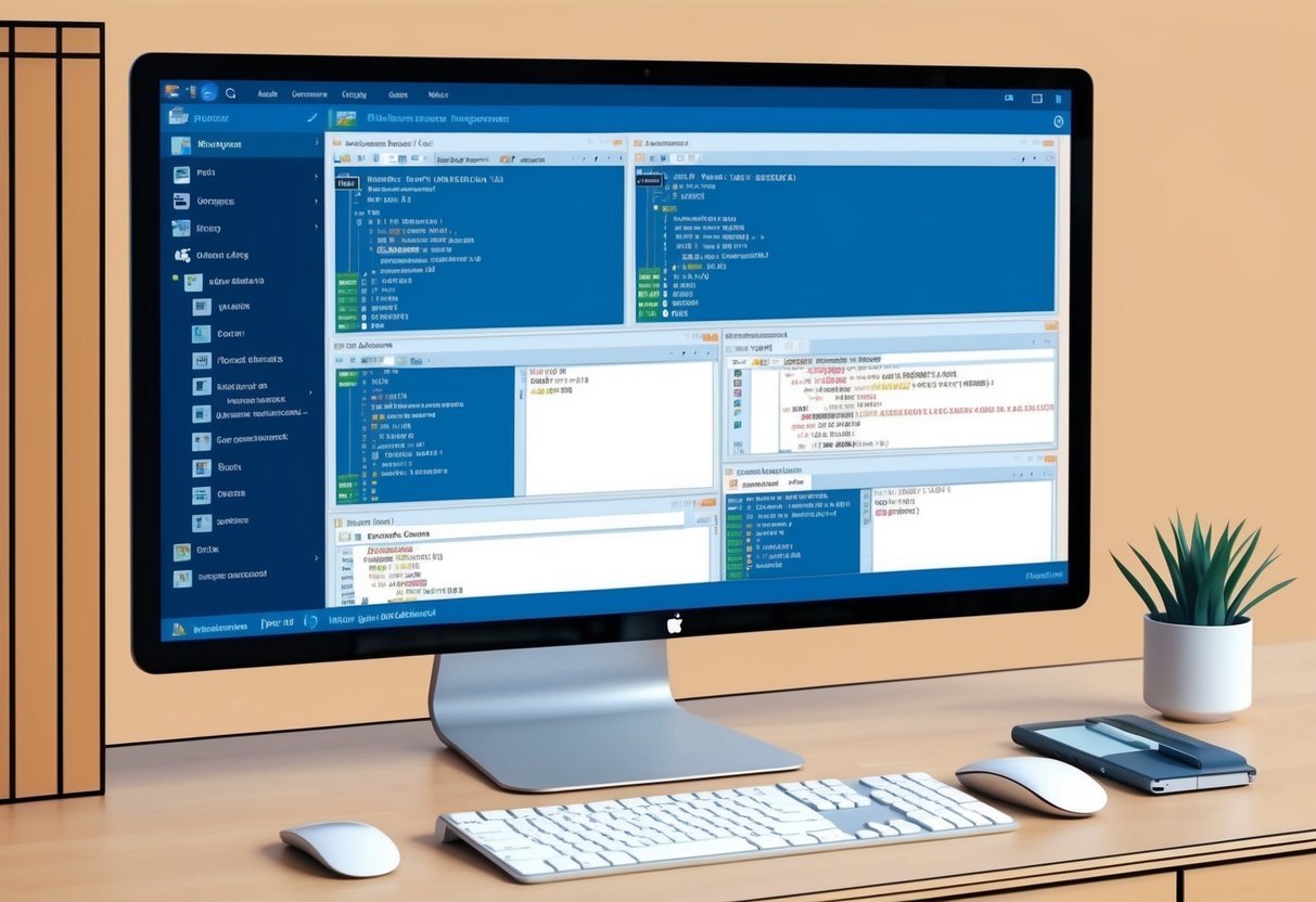 A computer screen showing a database management interface with SQL windows open, displaying various functions and commands