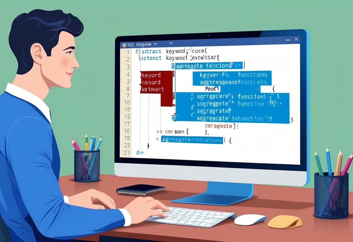 A computer screen displaying SQL code with the DISTINCT keyword and aggregate functions