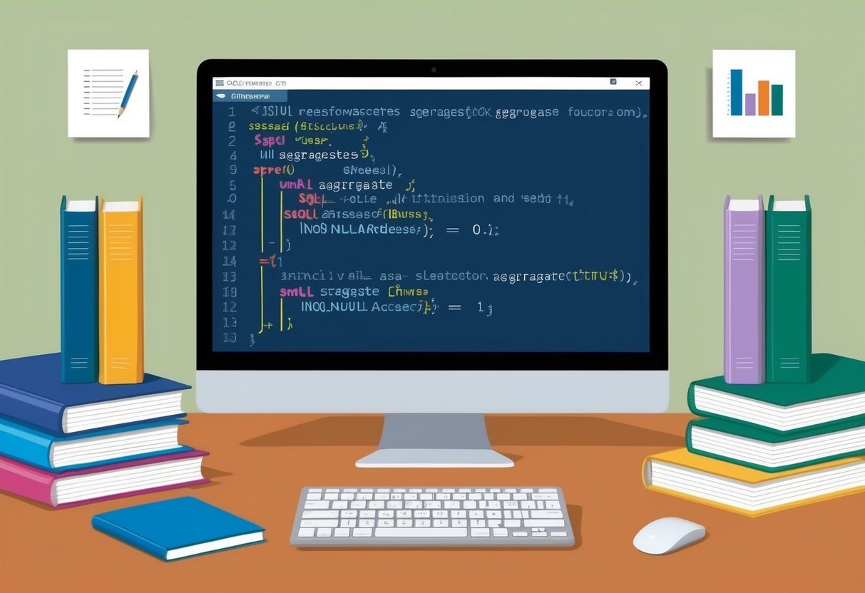 A computer screen displaying SQL code with a mix of NULL values and aggregate functions, surrounded by reference books and a notepad