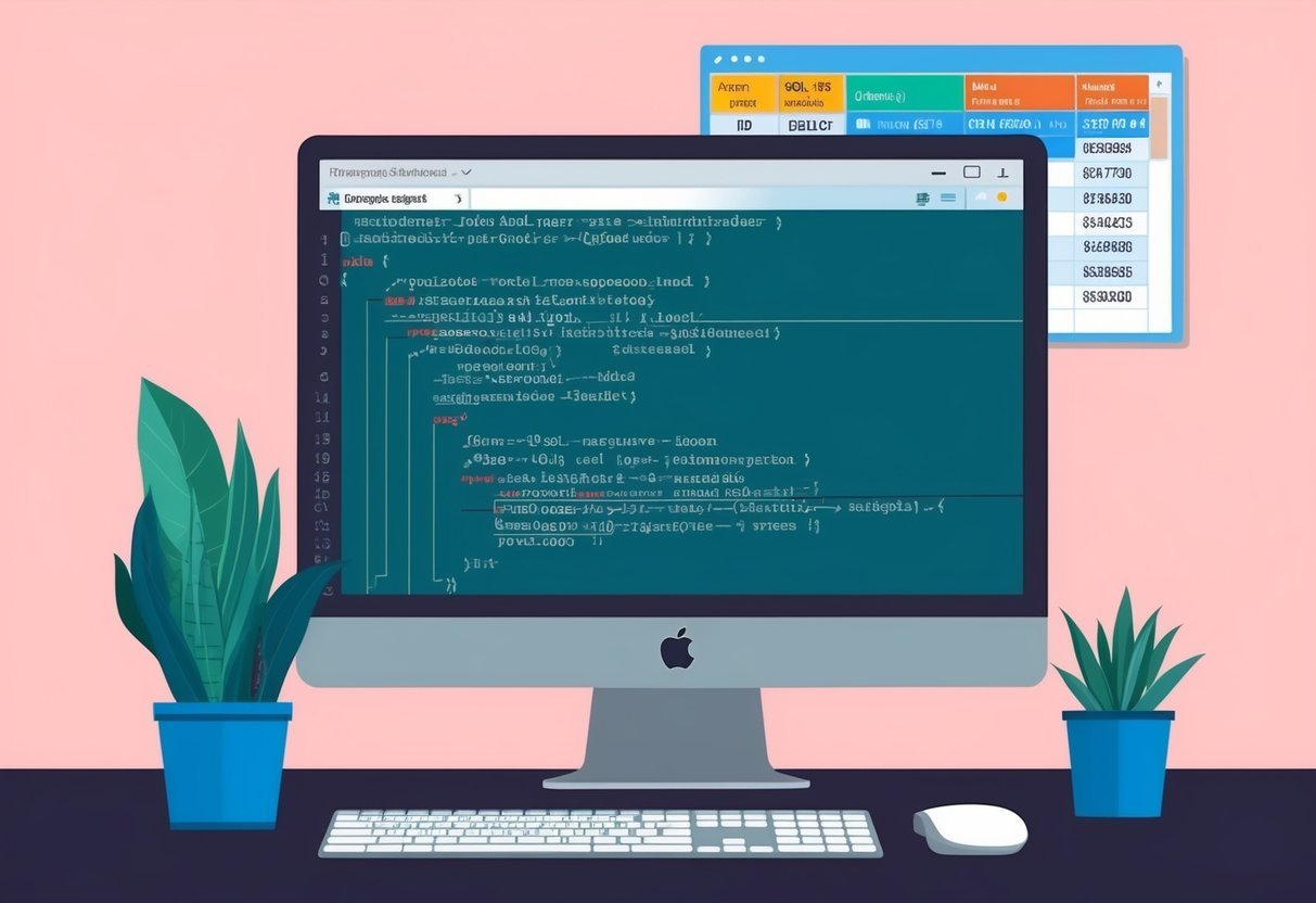 A computer screen displaying SQL code with aggregate functions and related data tables