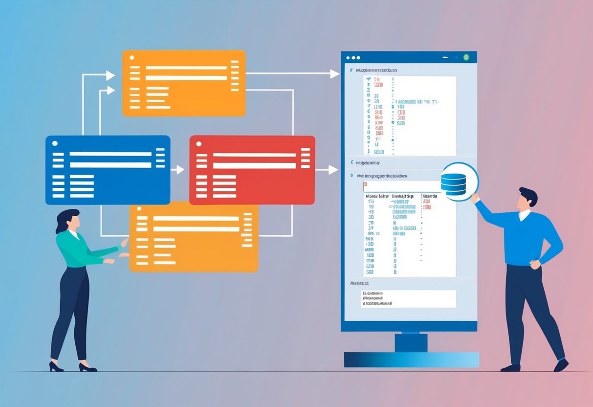 A database query being executed, with multiple data sets being combined and analyzed using SQL aggregate functions
