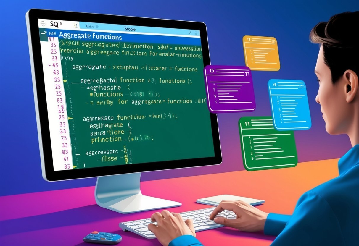 A computer screen displaying SQL code with various aggregate functions and their practical applications