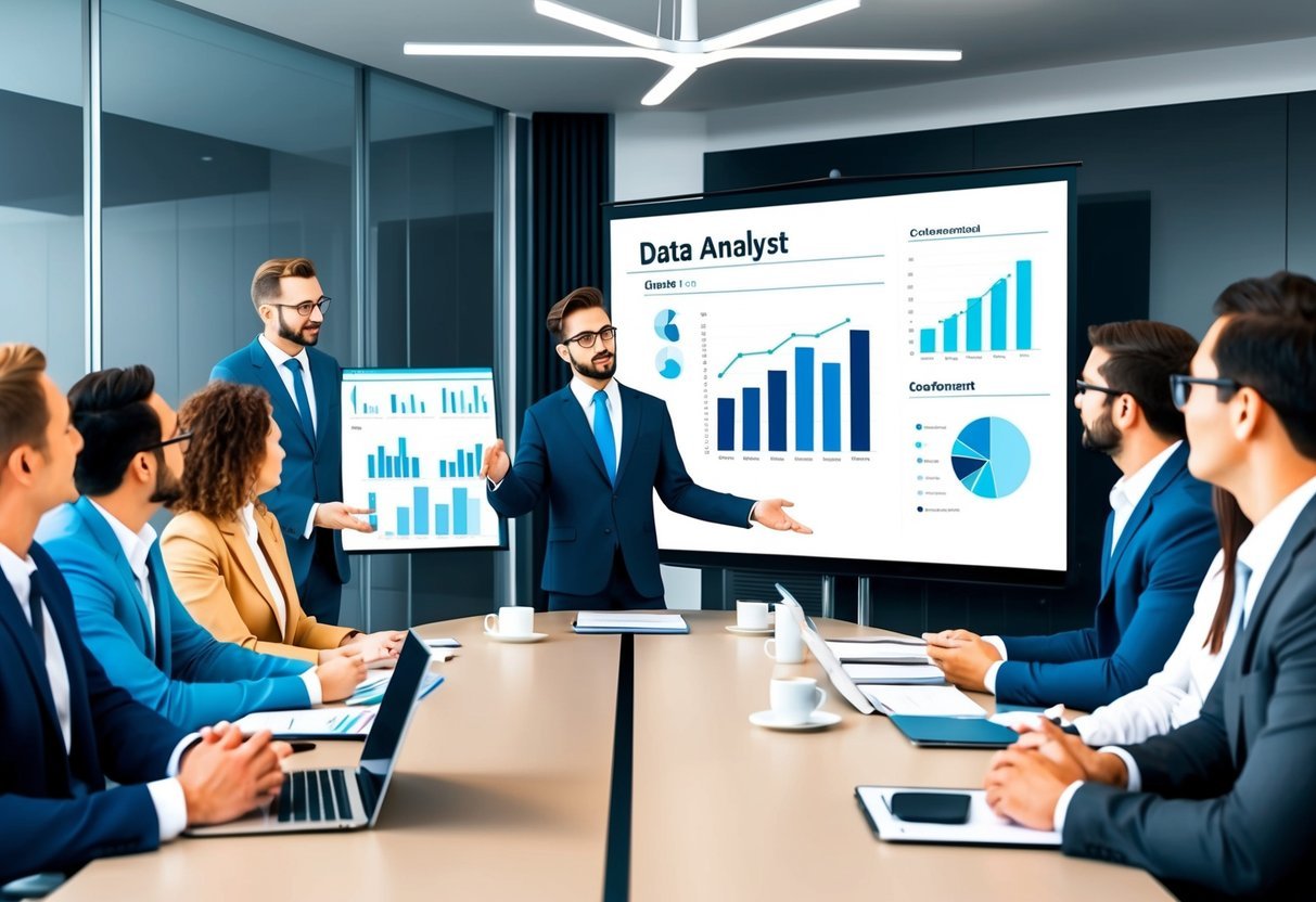 A data analyst presenting charts and graphs to a group of attentive colleagues in a modern conference room