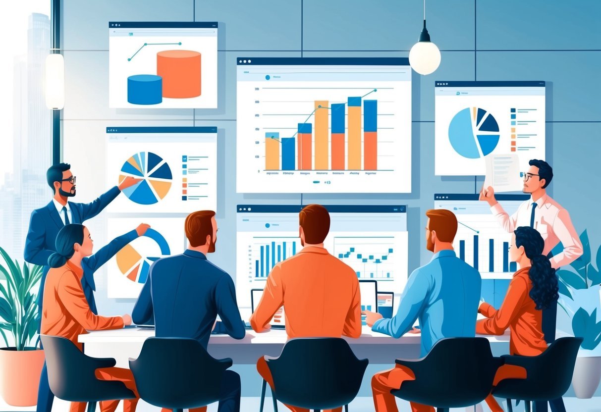 A group of analysts review and interpret data charts and graphs in a modern office setting