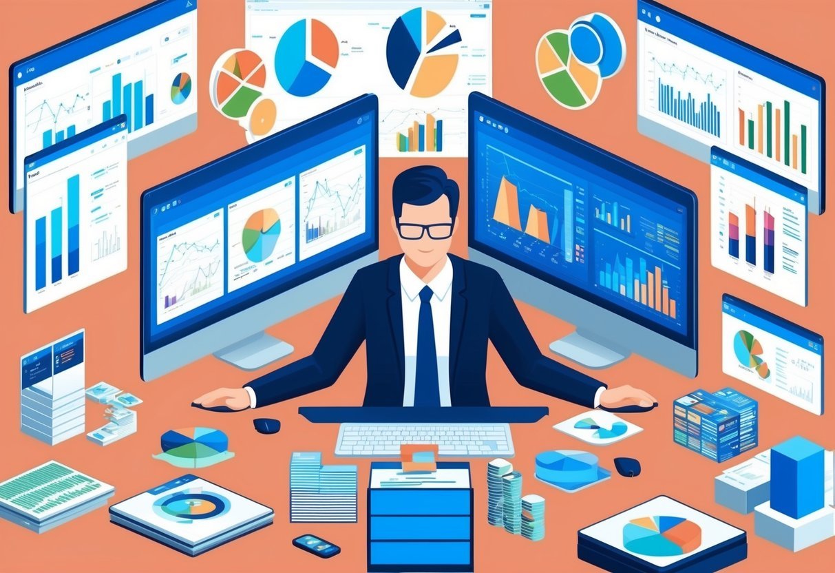 A data analyst surrounded by various charts, graphs, and computer screens, analyzing specialized areas of data