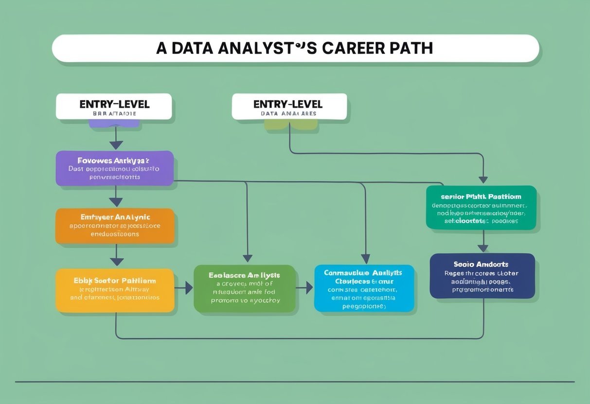 A flowchart showing the progression of a data analyst's career path, with various roles and responsibilities branching out from entry-level to senior positions