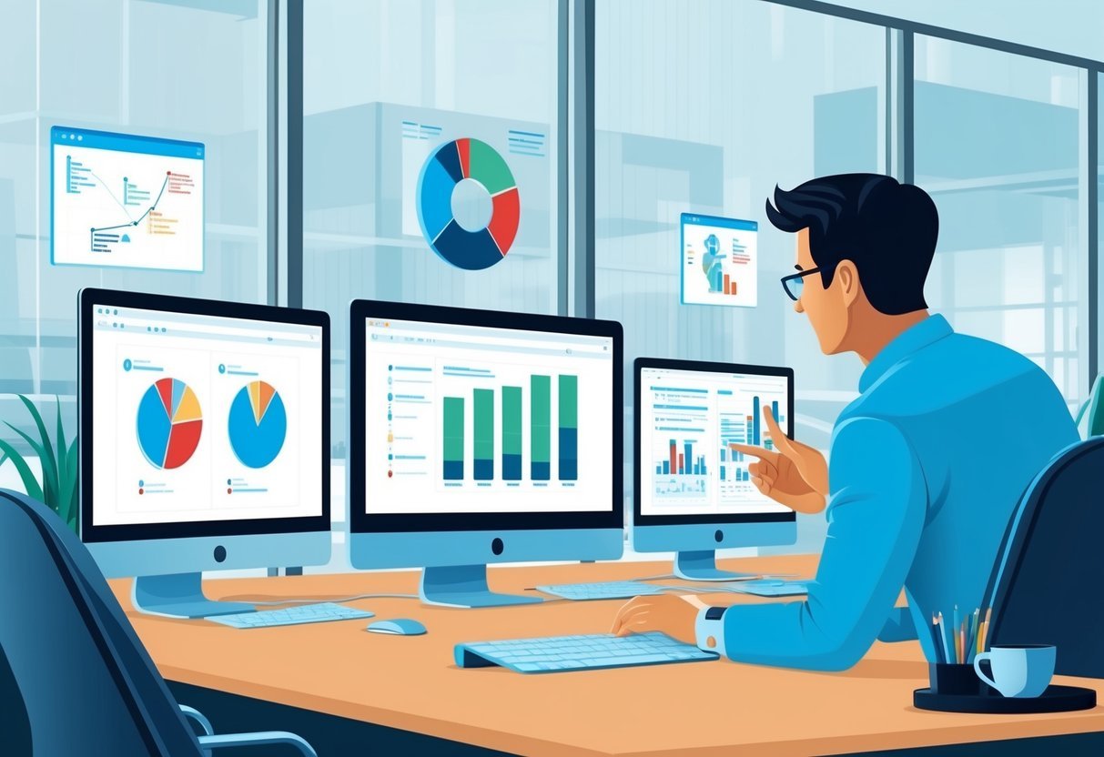 A data analyst reviewing industry standards and best practices in a modern office setting with multiple computer screens and data visualizations