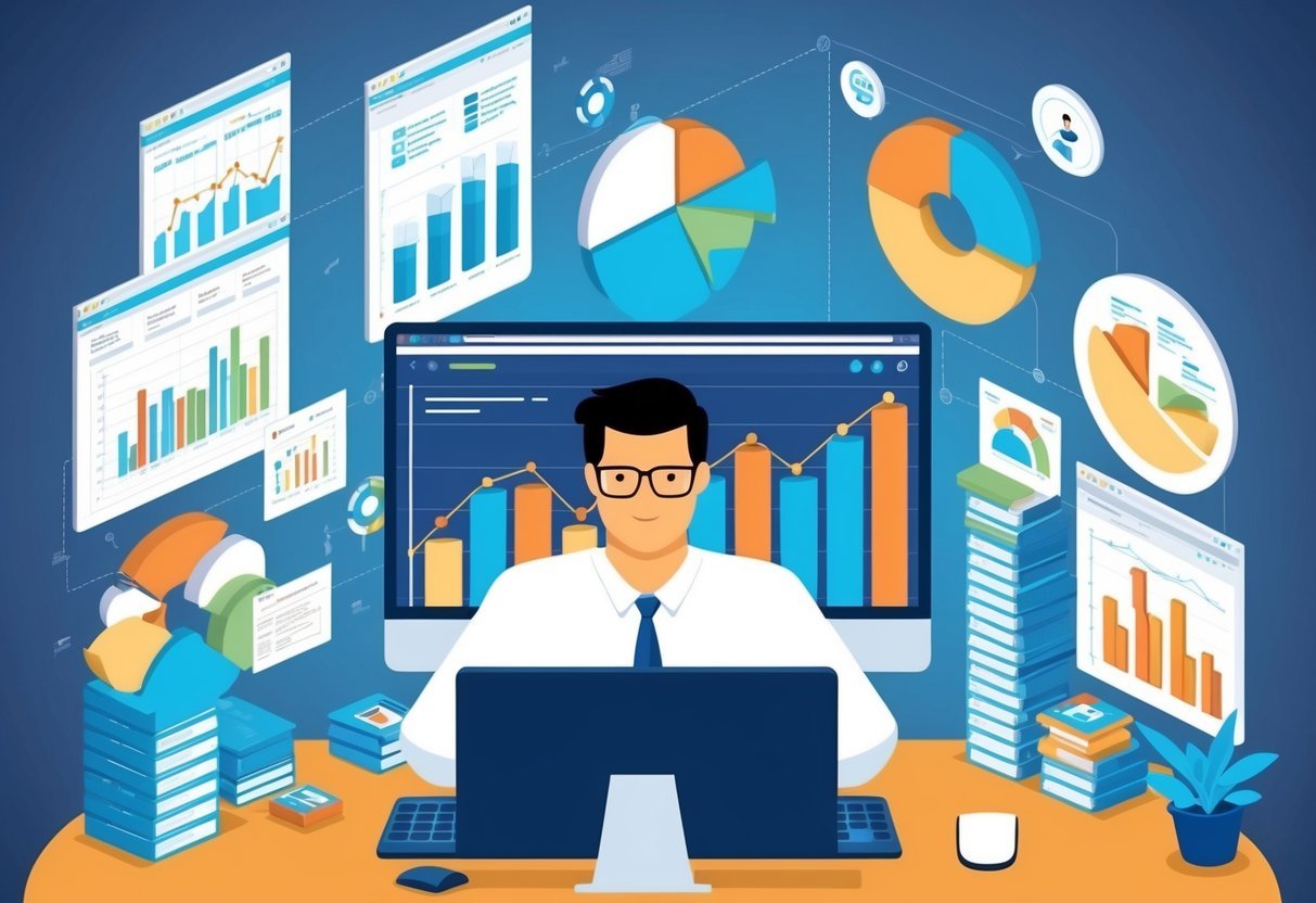 A data analyst surrounded by charts, graphs, and a computer, analyzing and problem-solving to find patterns and insights