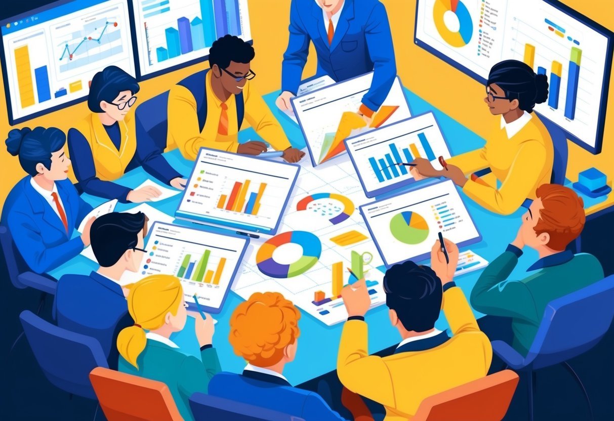 A group of people studying charts, graphs, and data sets to learn about the roles and responsibilities of data analysts in the job market