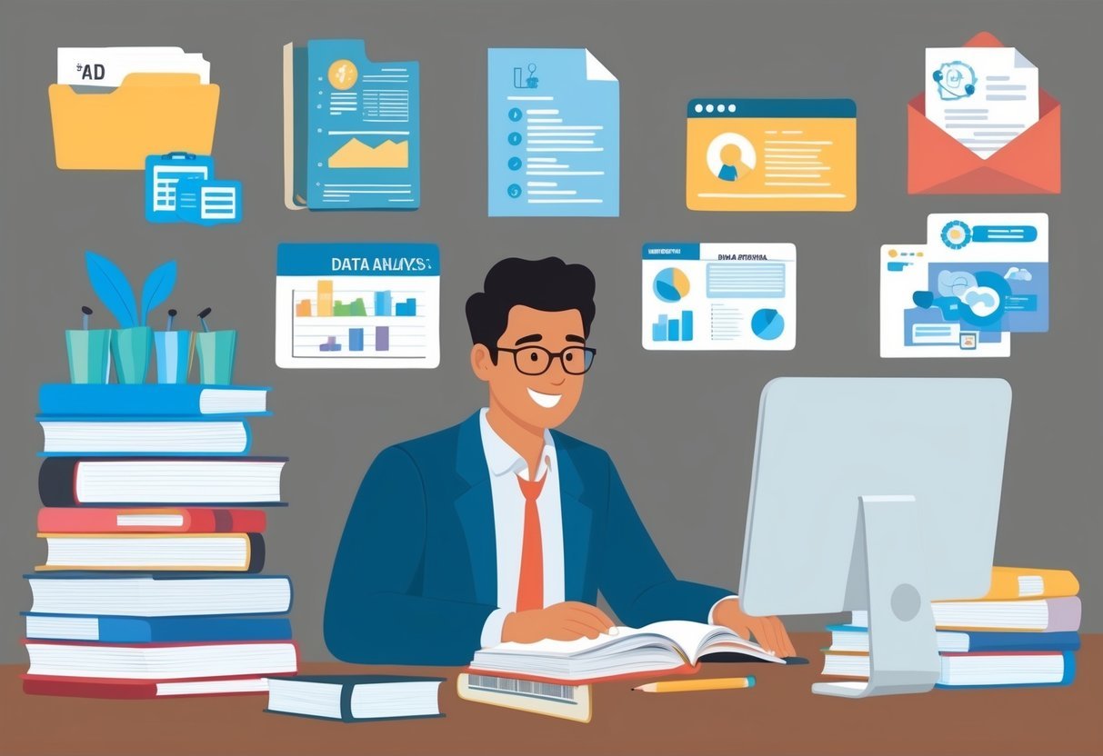 A person studying and completing various training and certification programs related to data analysis, surrounded by books, a computer, and educational materials