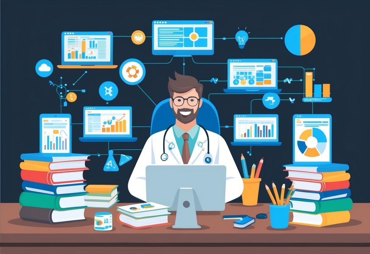 A data scientist at a desk surrounded by books, a computer, and various data visualization tools