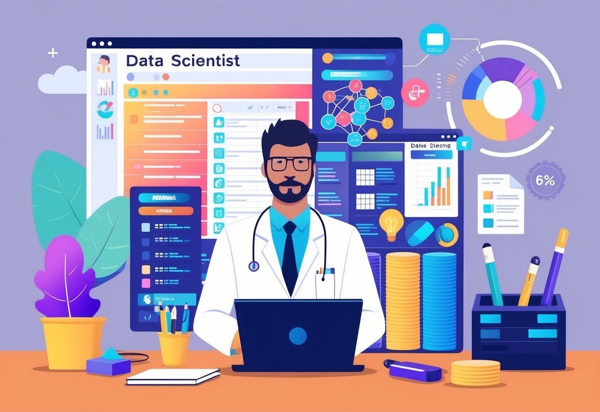 A data scientist analyzing and organizing data with various tools and techniques