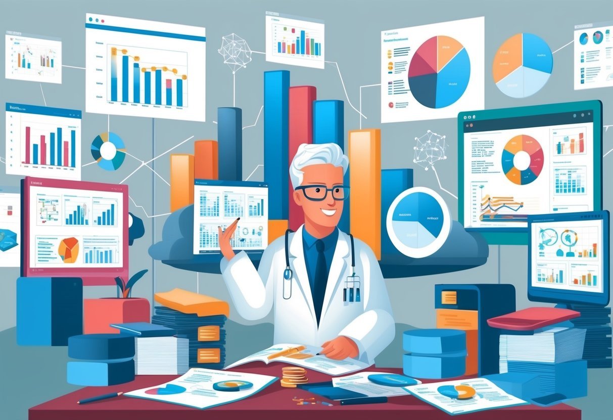 A scientist surrounded by data charts and graphs, studying various methodologies for data science