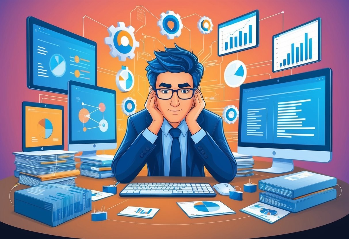 A data scientist pondering over complex algorithms and problem-solving techniques, surrounded by charts, graphs, and computer screens