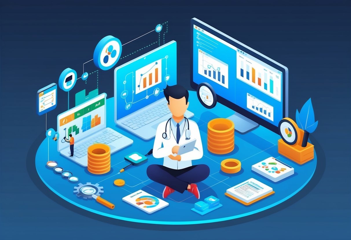 A data scientist surrounded by industry tools and technology, demonstrating proficiency in learning and utilizing data analysis roles