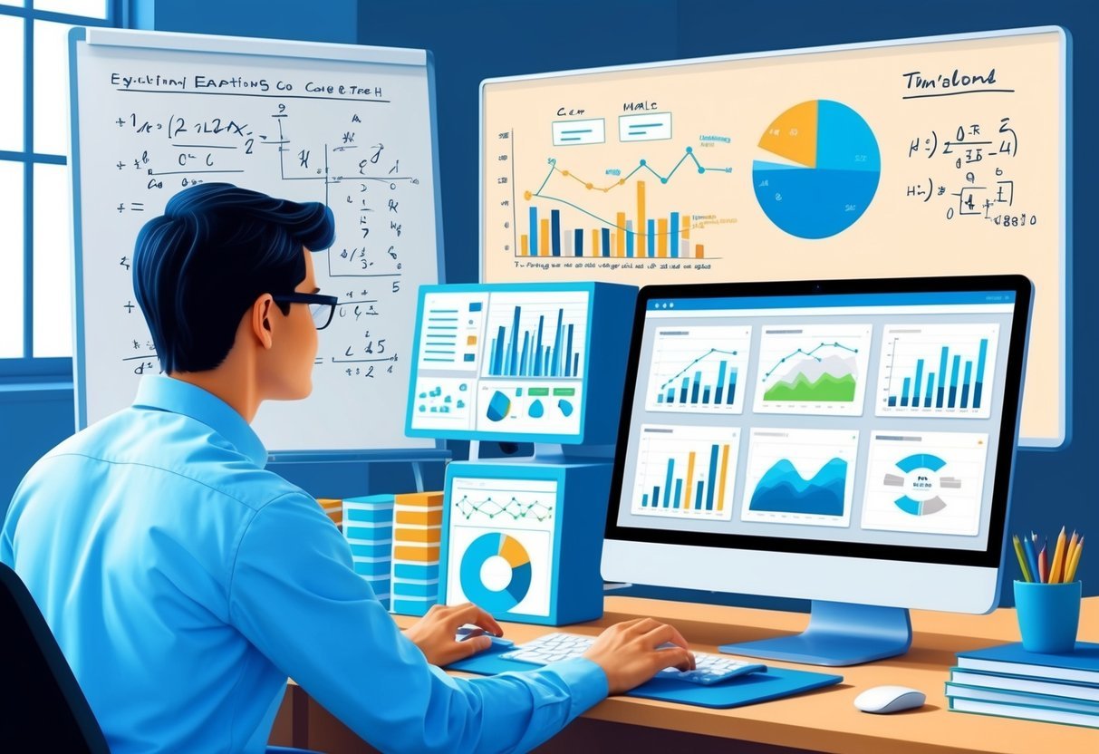 A person analyzing data on a computer, surrounded by charts and graphs, with a whiteboard filled with equations and diagrams in the background