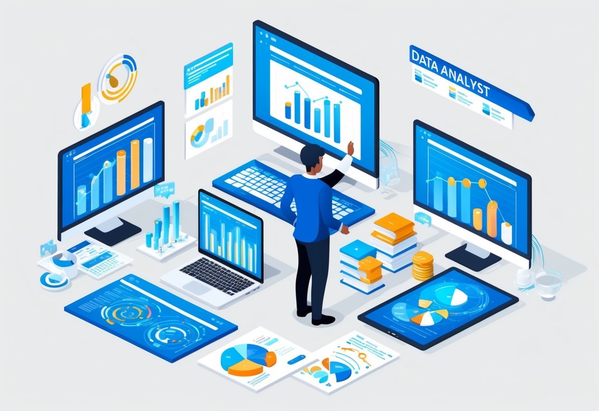 A data analyst surrounded by computer screens, graphs, and charts, analyzing and interpreting data for educational pathways and skills development