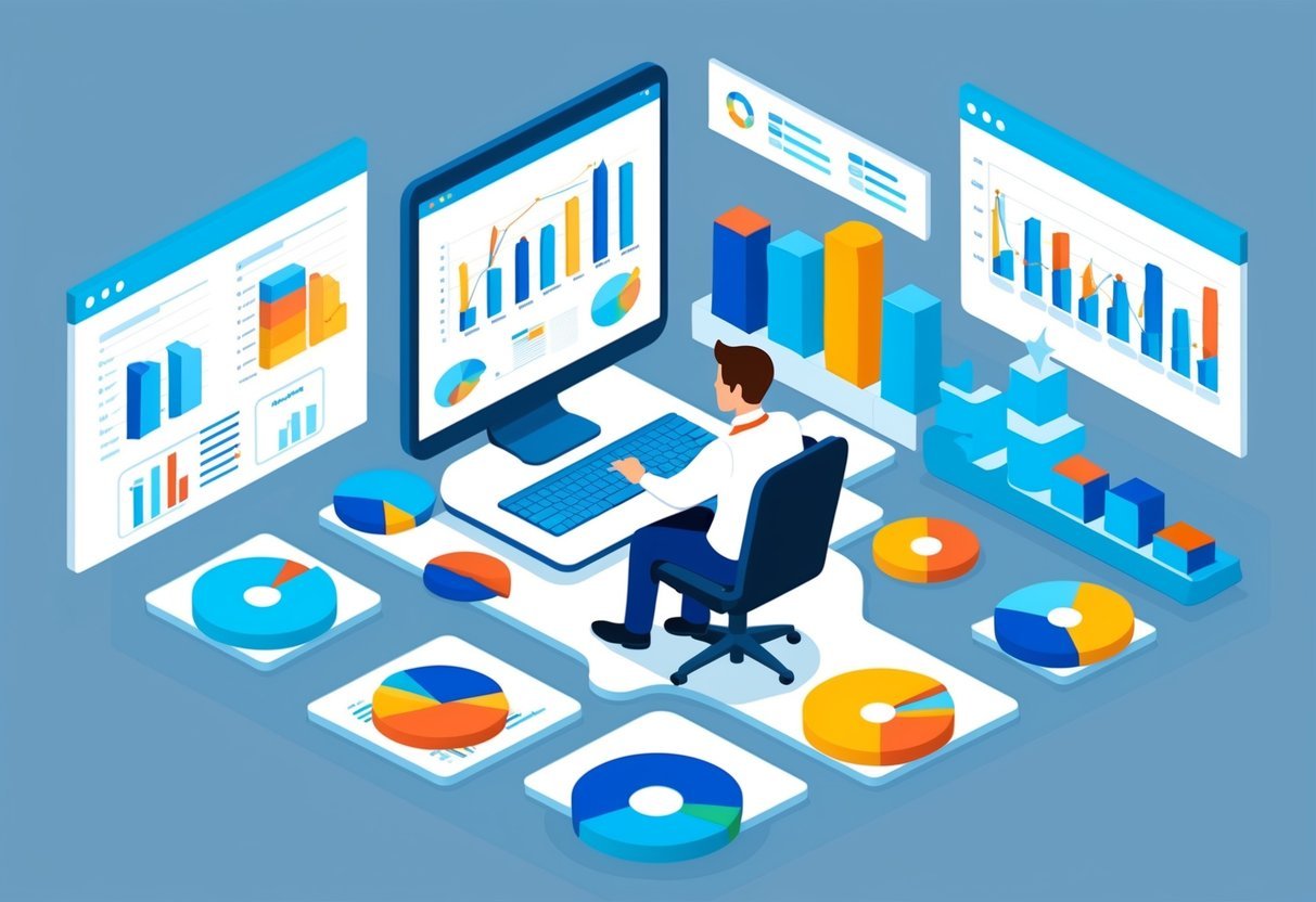 A data analyst sitting at a computer, surrounded by charts and graphs, analyzing data to inform business strategy