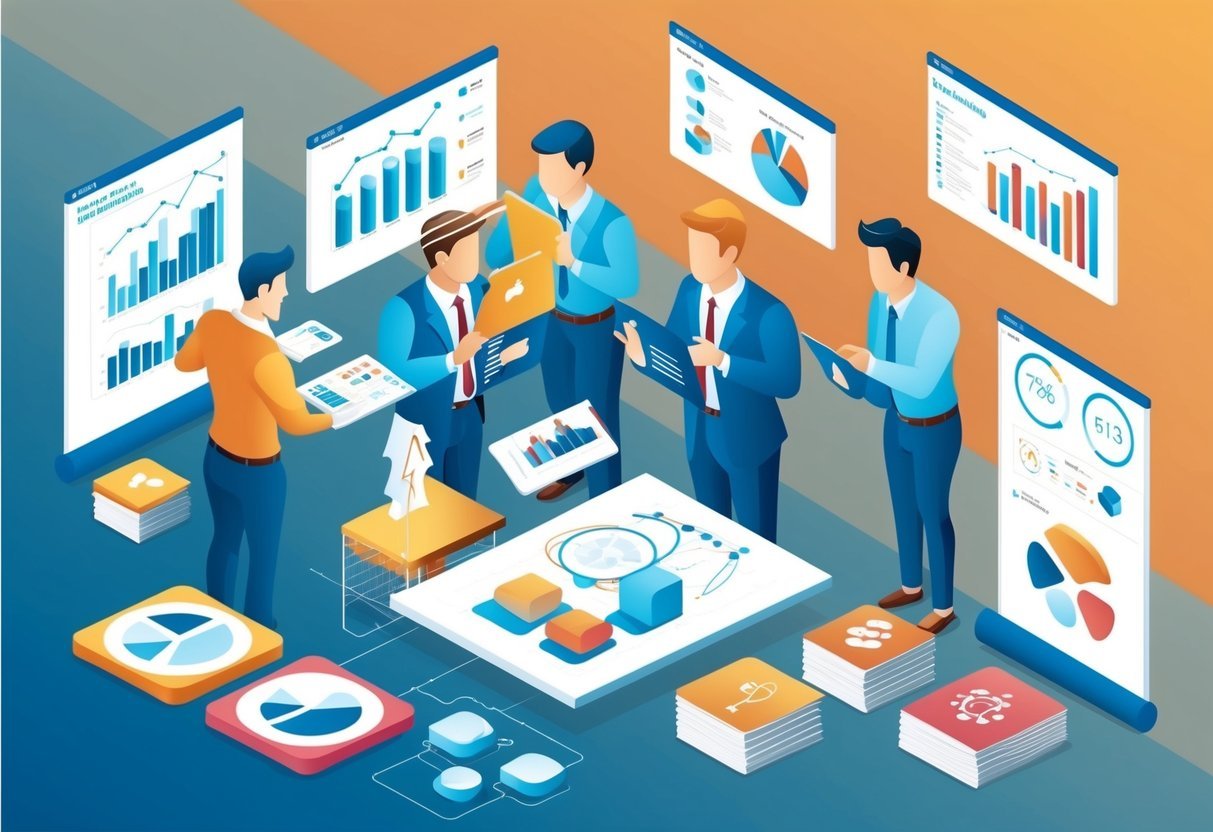 A group of data analysts collaborate, sharing ideas and insights while communicating through charts, graphs, and diagrams