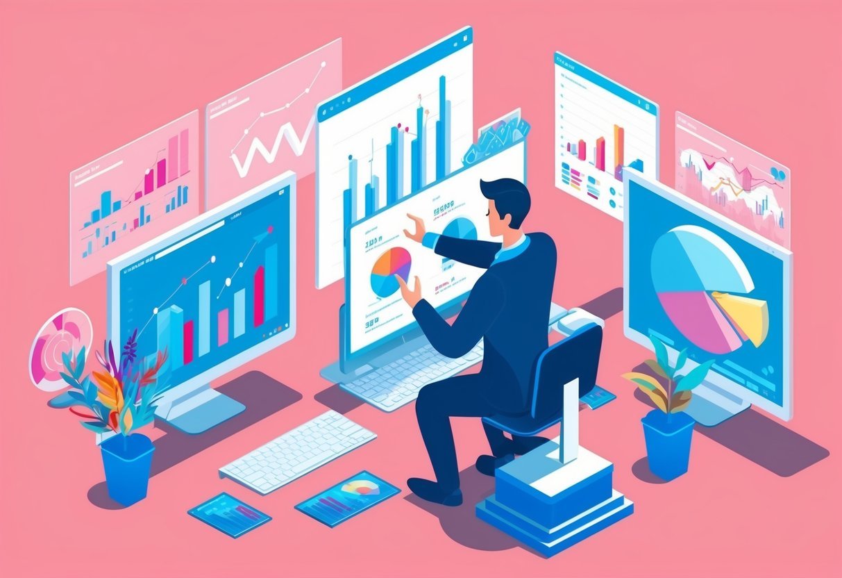 A data analyst reviewing charts and graphs, surrounded by computer monitors and data visualizations