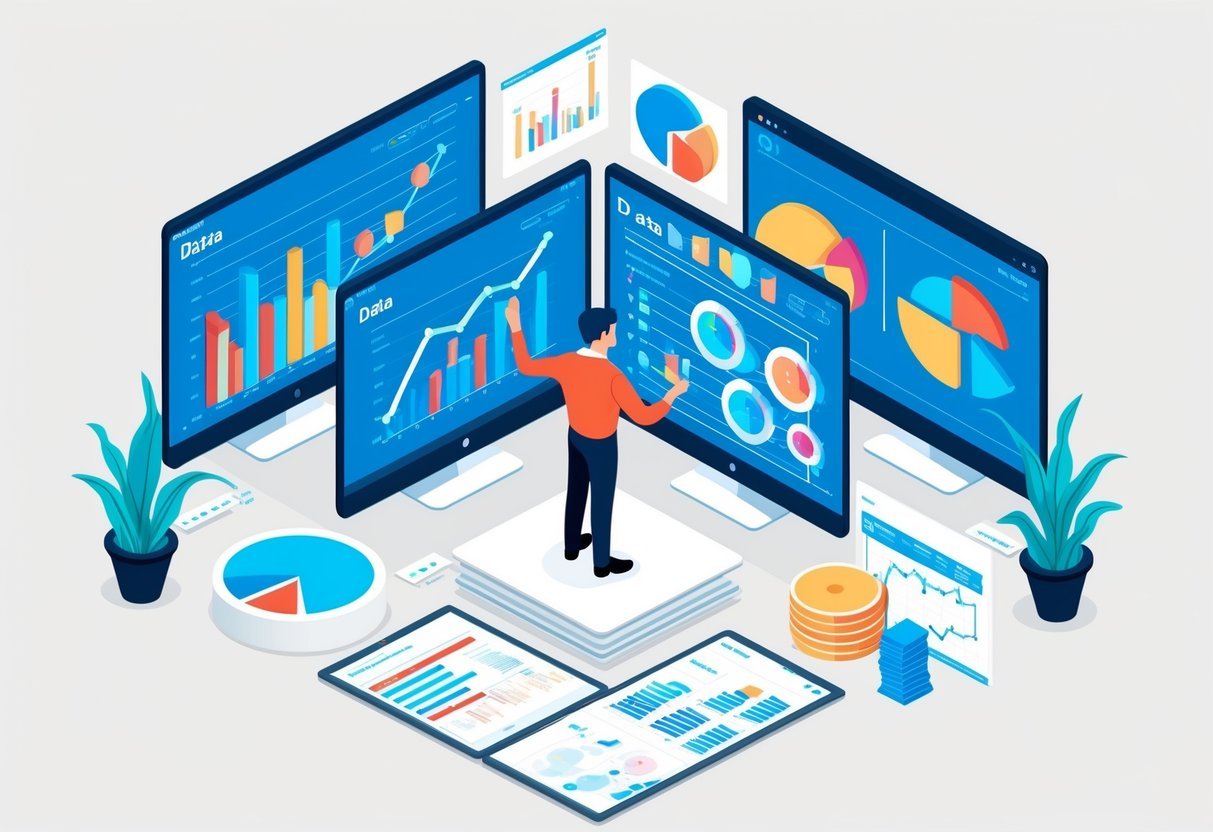 A data analyst surrounded by computer screens, graphs, and charts, analyzing and interpreting data for professional growth and continuing education