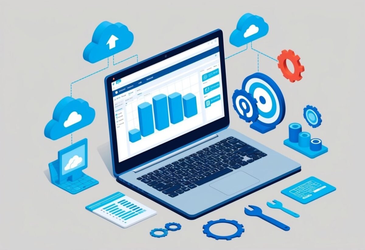 A laptop with data engineering software open on a desk, surrounded by cloud icons and engineering tools