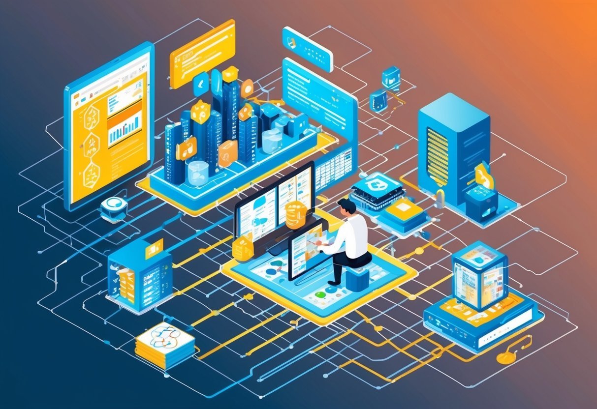 A person working on a complex web of interconnected data pipelines and systems, navigating through challenges and problem-solving in data engineering