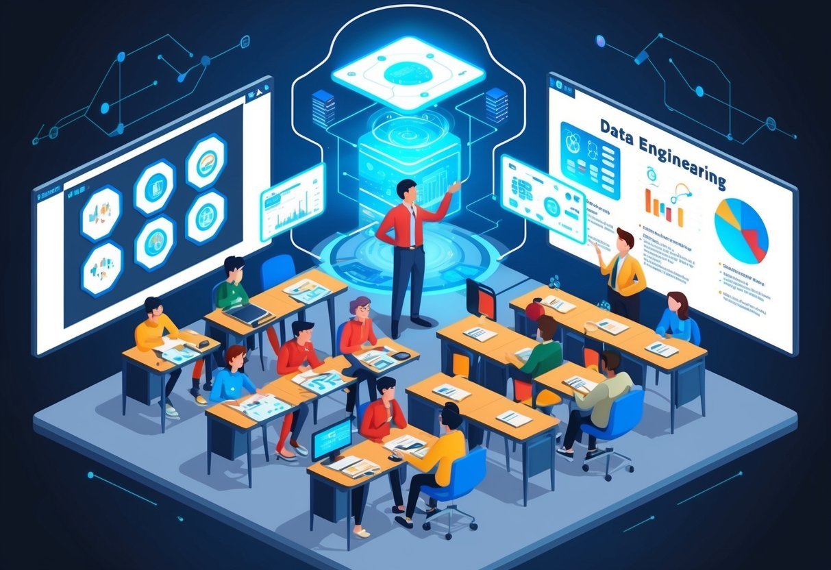 A futuristic classroom with students interacting with holographic displays, while a teacher explains data engineering concepts using advanced technology