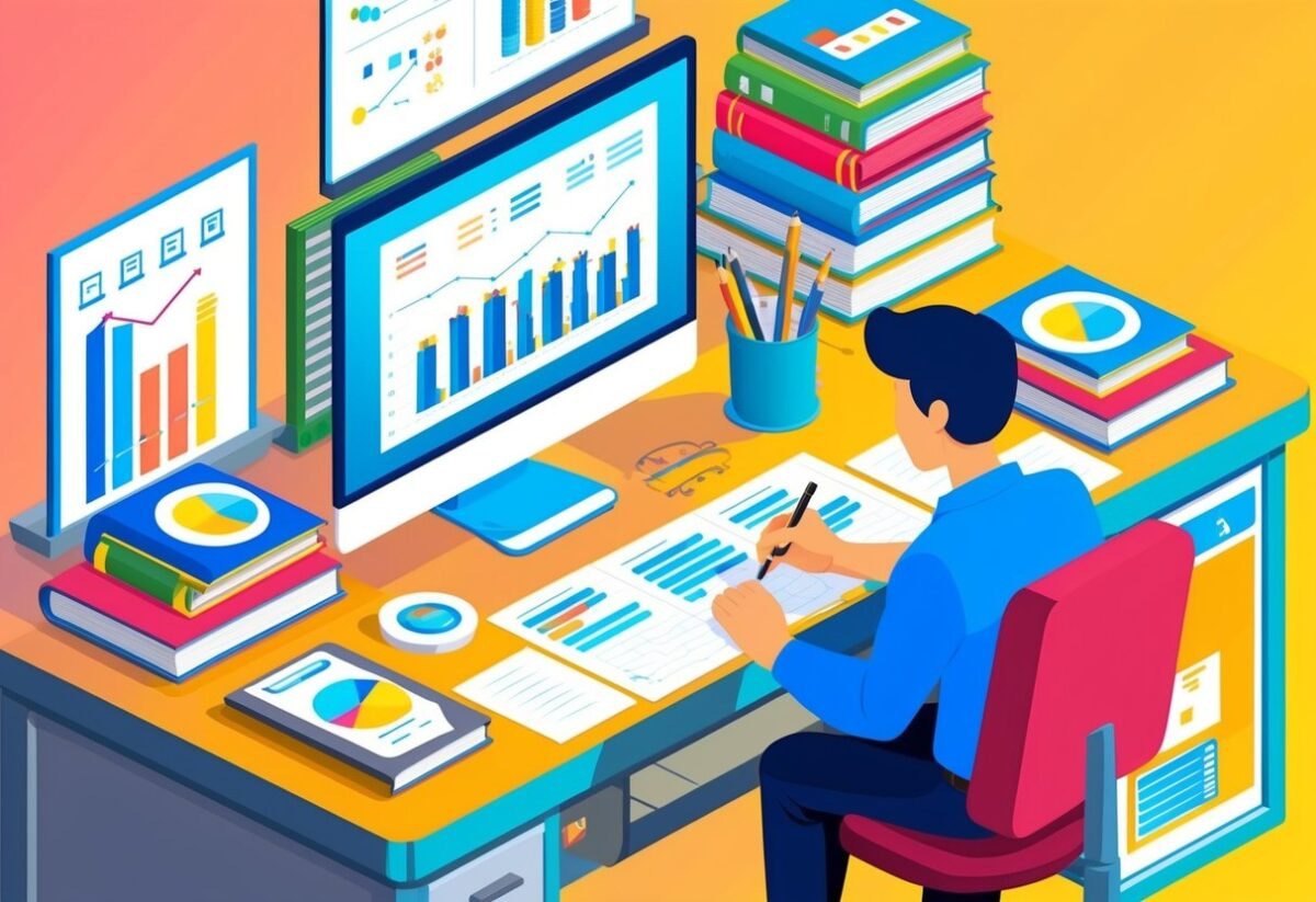 A cluttered desk with a computer, books, and data charts. A person is analyzing data and writing notes