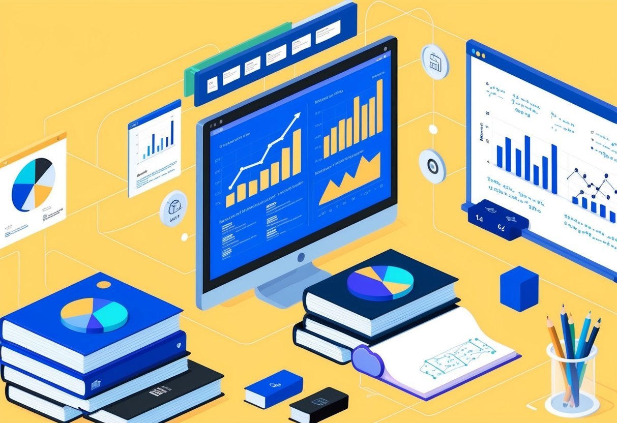 A computer screen displaying graphs, charts, and code. A stack of books on data science and machine learning. A whiteboard with diagrams and equations