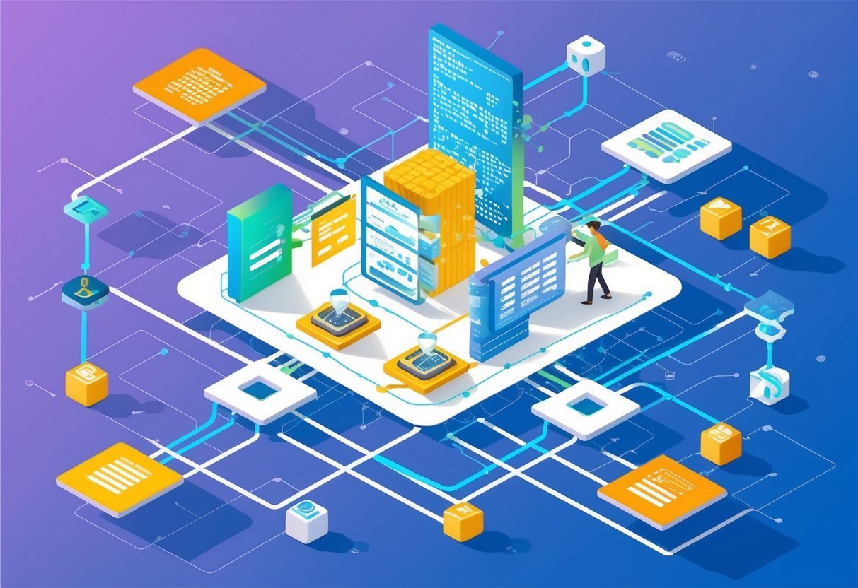 A modern, interconnected network of data flows through a structured architecture, representing the foundation for learning about data analysis, engineering, and science roles