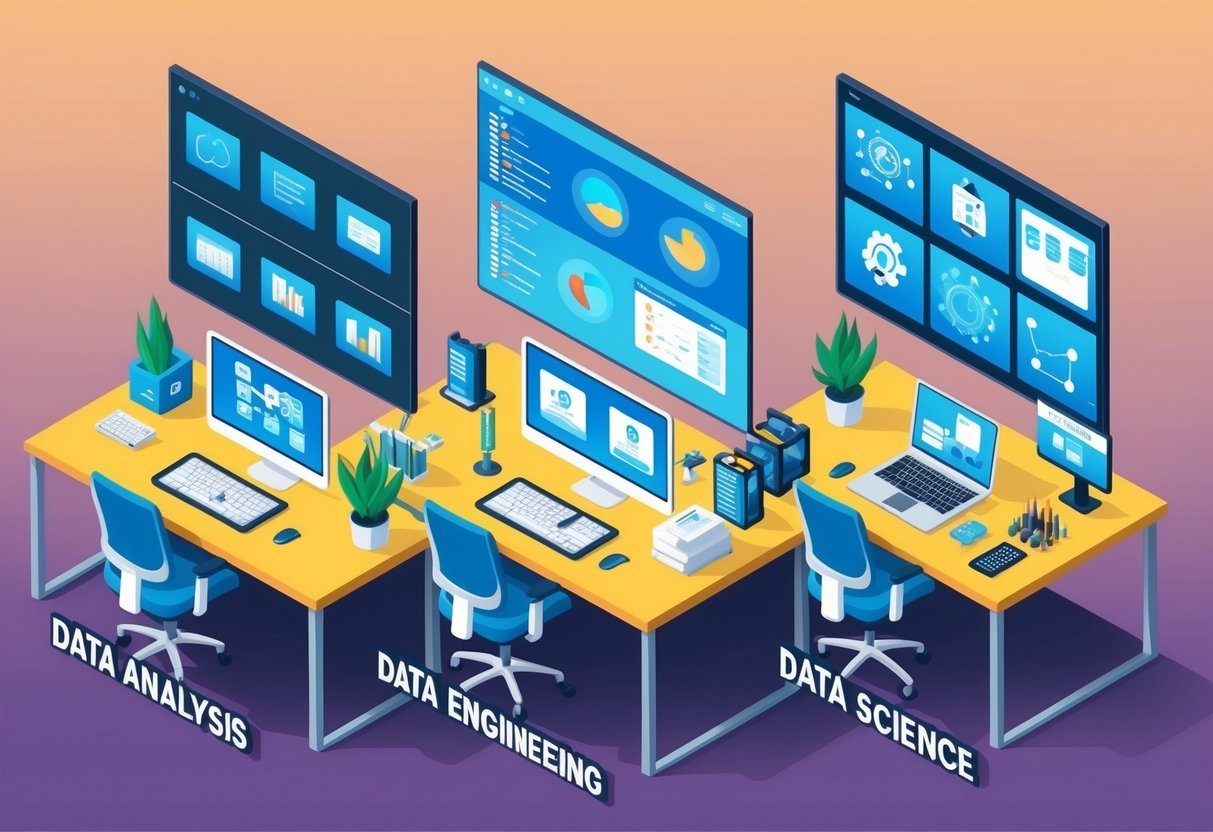 A bustling office with three distinct workstations: one focused on data analysis, another on data engineering, and the third on data science. Each workstation is equipped with specialized tools and technology