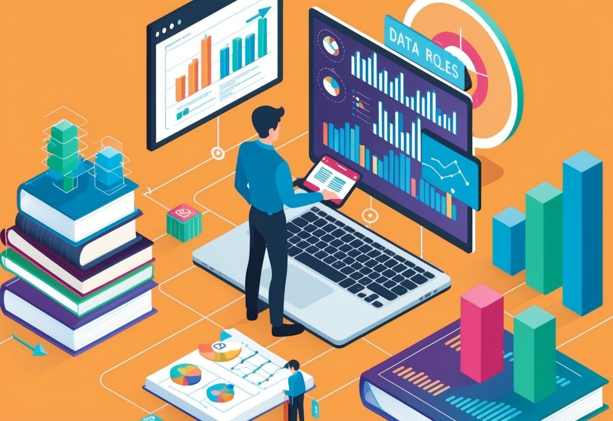 A person researching data roles with books, a laptop, and charts