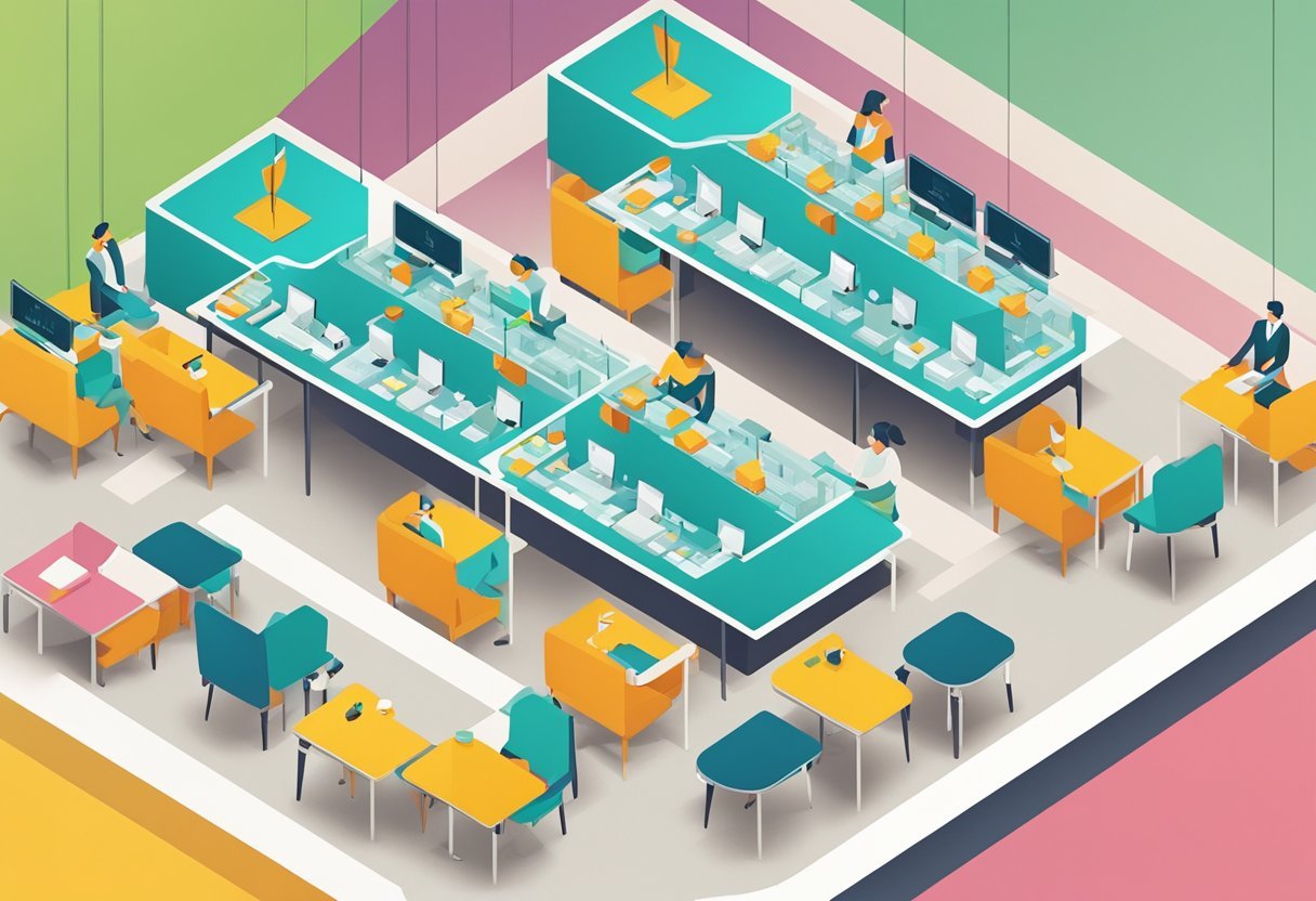 Multiple tables connected by lines, one table labeled "Customers" and another "Orders." Arrows show the relationship between the two tables