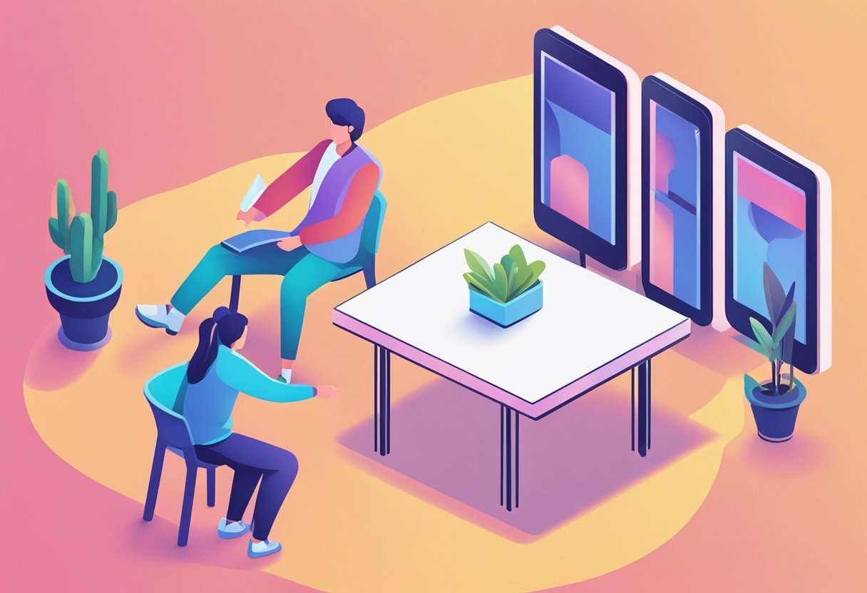 A person pointing to a table, while another person connects lines between different tables