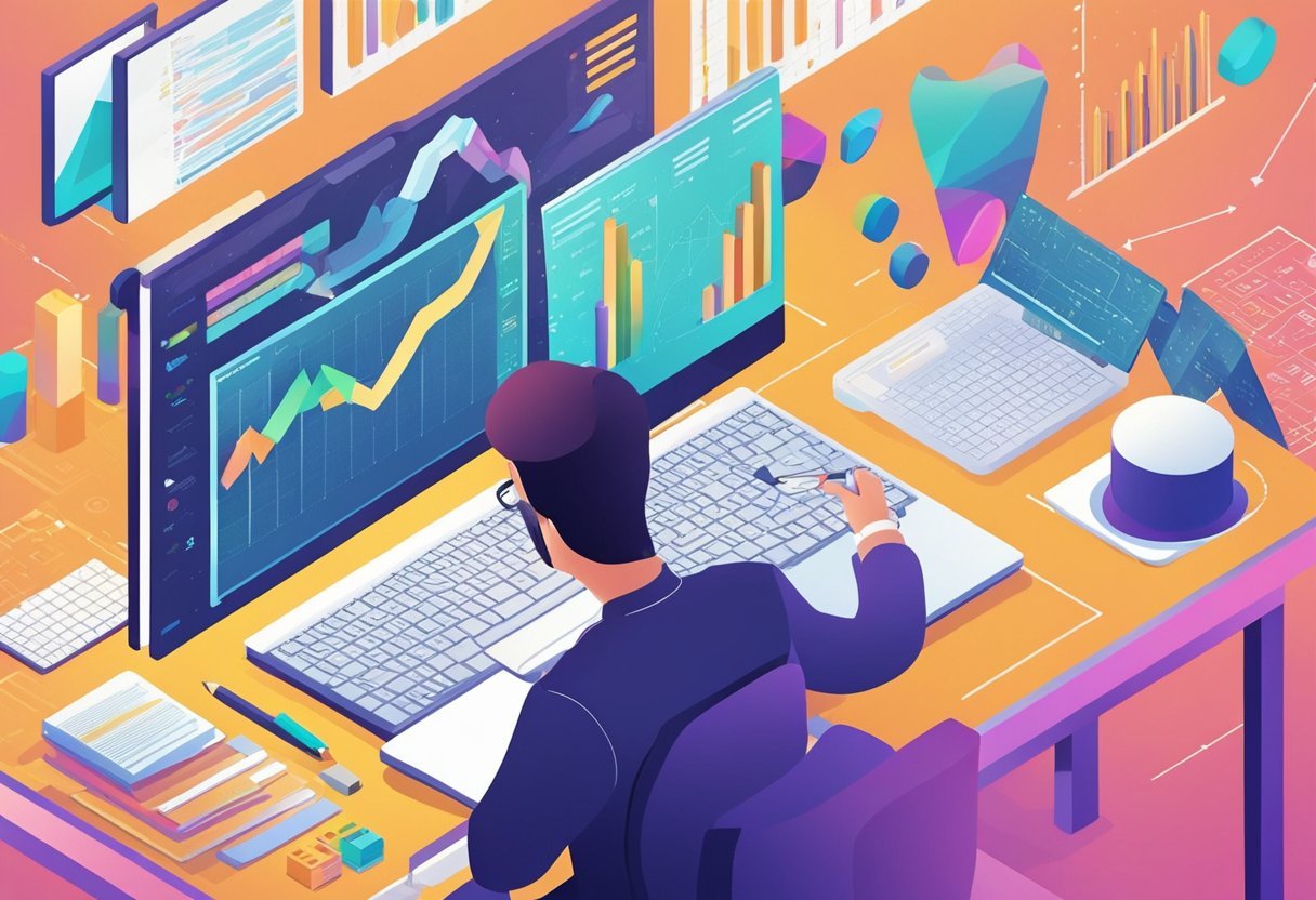 A person at a computer, surrounded by data charts and graphs, with a pencil and notebook, brainstorming and analyzing data modeling and design